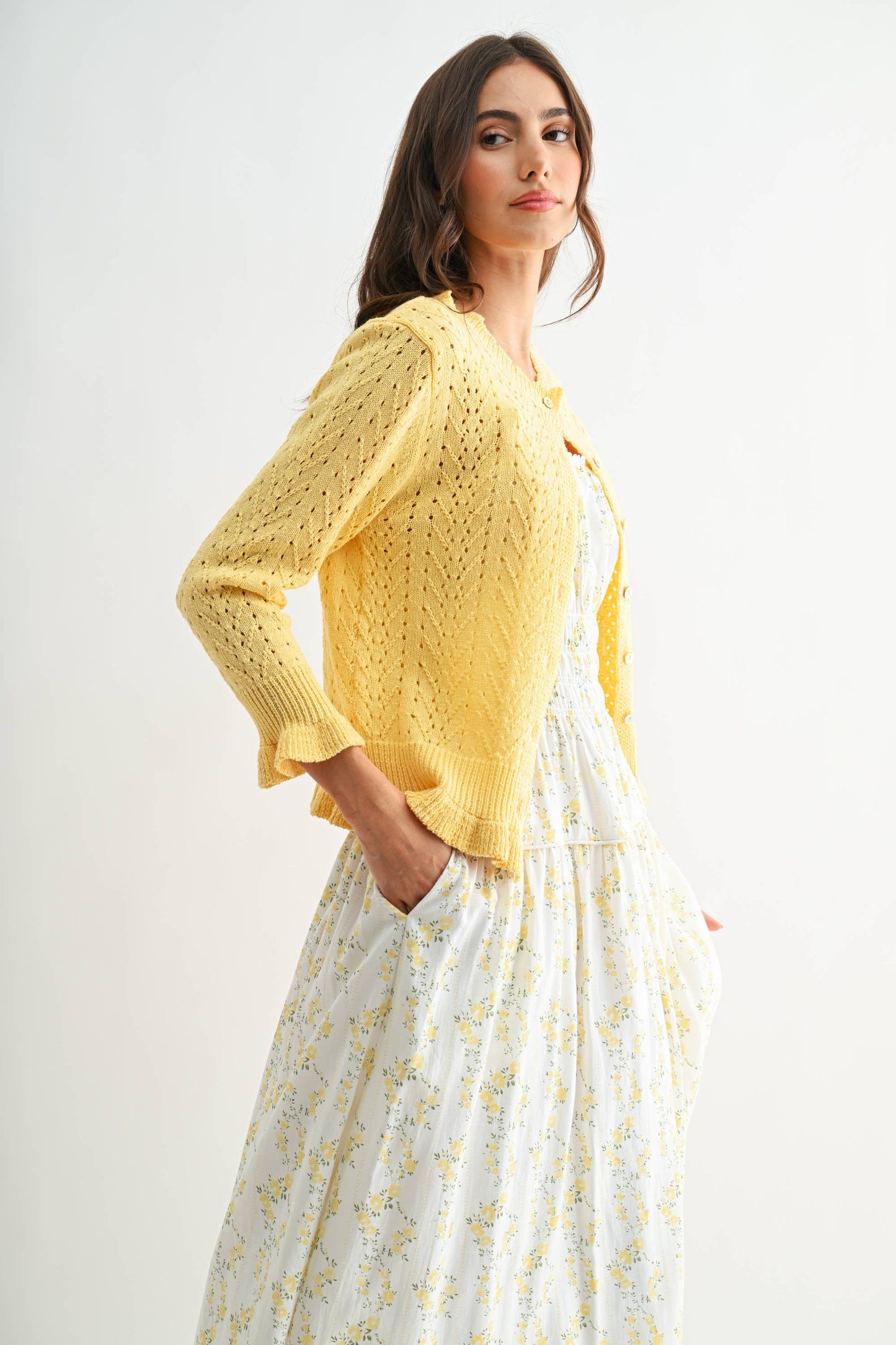 Lemon Yellow 3/4 Sleeve Knit Cardigan