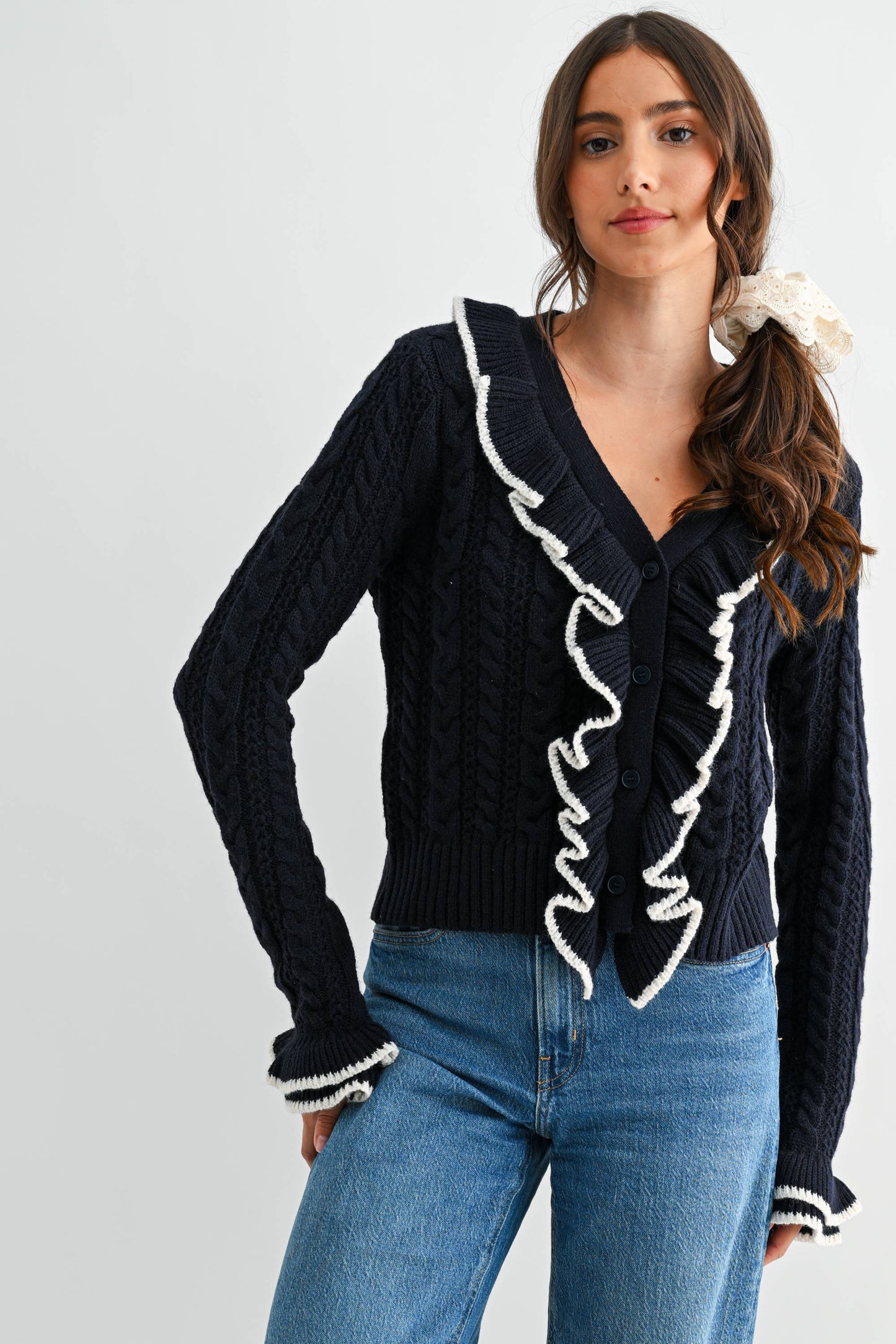 Cool Blue Ruffled Cable Knit Cardigan