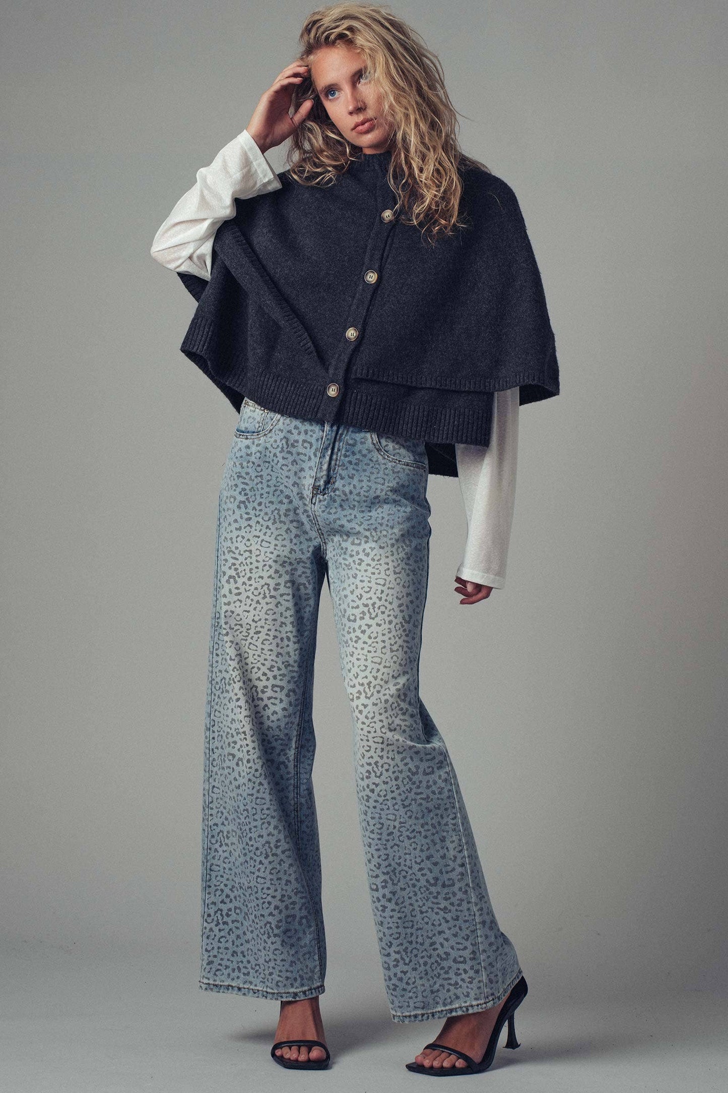 Wool Blend Button-Front Sweater Cape