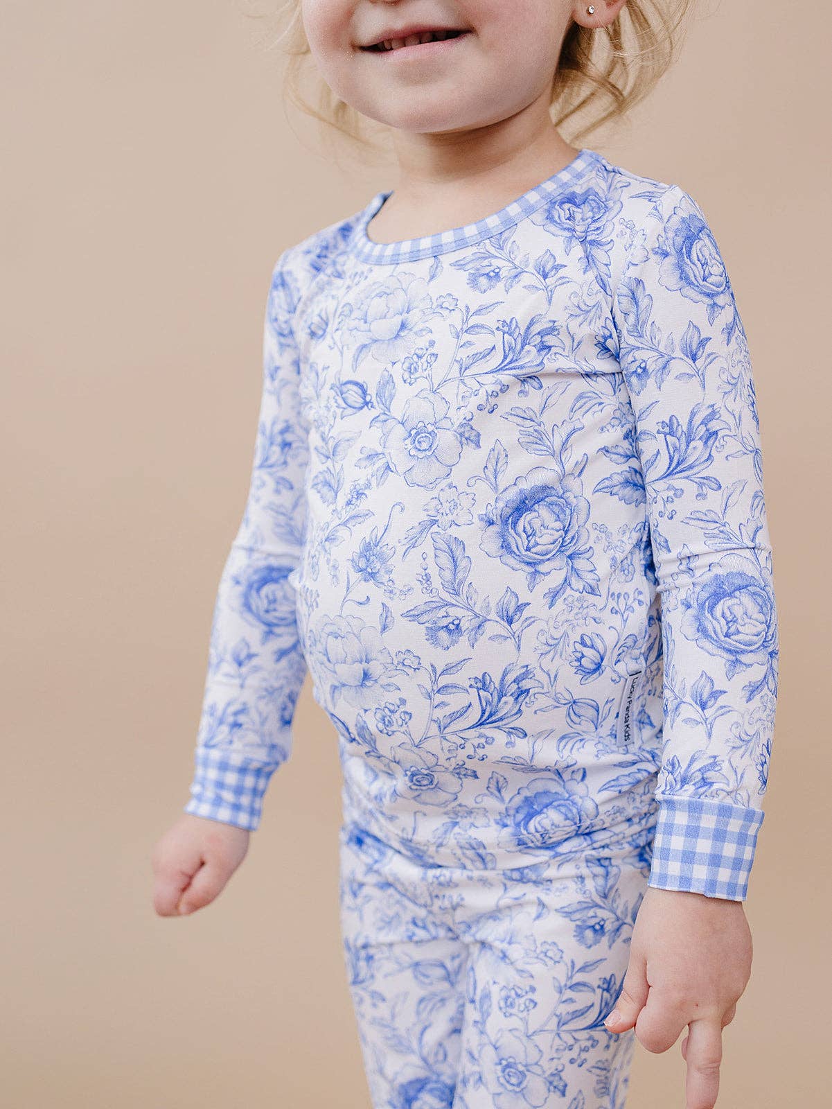 Kids Bamboo Two Piece Pajama and Loungewear Set - Gingham with Blue Flowers