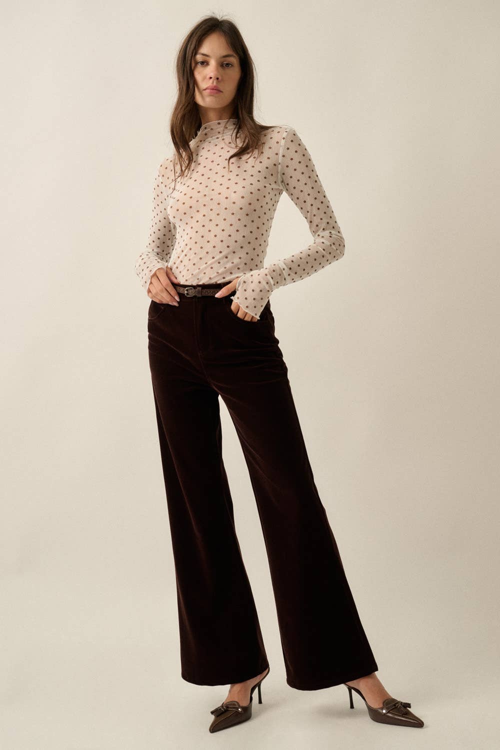 Sheer Mesh Top with Floral Polkadots, Mock-Neck, & Long-Sleeve Thumbhole Top