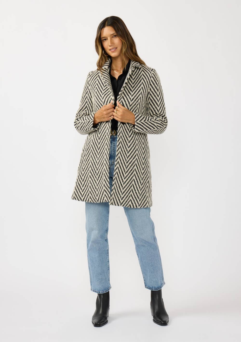 Chevron Notched Lapel Pea Coat
