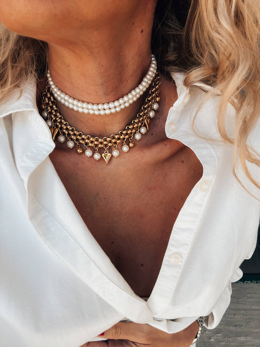 White Pearls Double Chocker and Gold Chain Vintage Inspired Necklace
