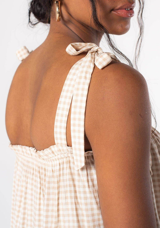 Gingham Linen Blend Tie Shoulder Tank Top - SAUVAGE ZSA™