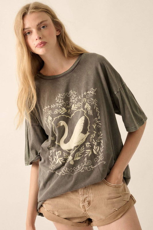 Ornate Swan Vintage-Wash Oversize Graphic Tee