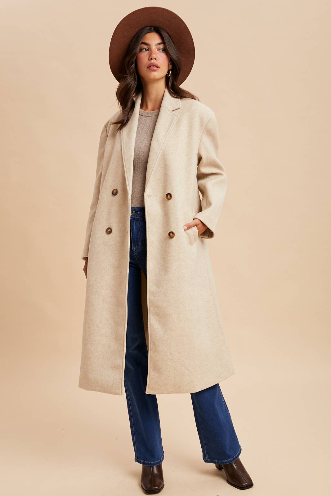 Double Breasted  Lapel Duster Felt Pea Coat