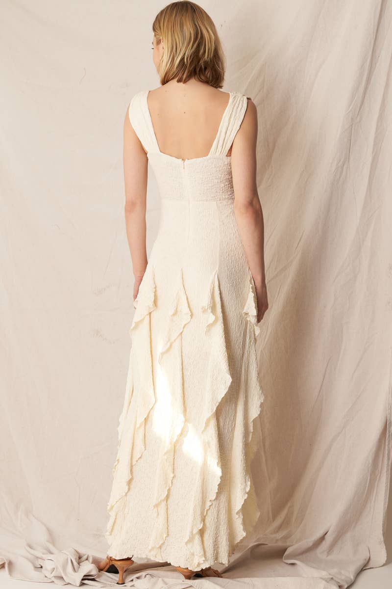 Ivory Bohemian Maxi Dress with Ruffles and Sweetheart Corset