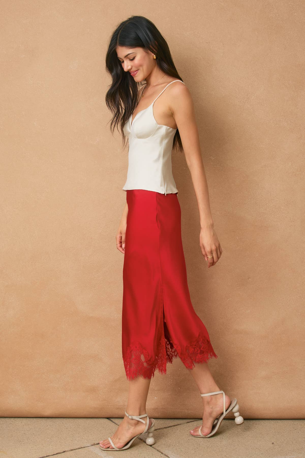 Powder Blue Lined Satin Pencil Skirt with Lace Hem