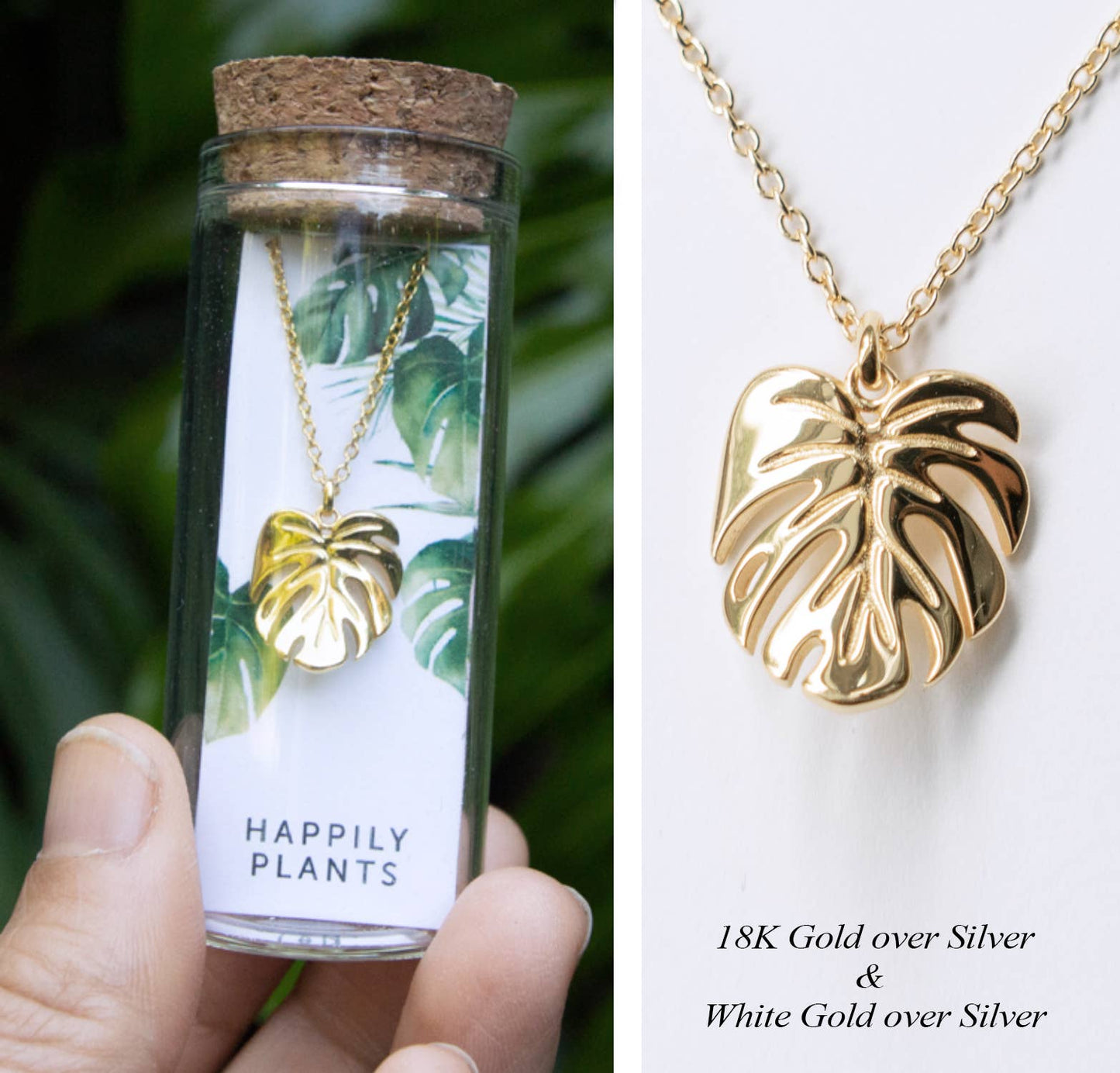 Monstera Deliciosa Necklace Gold & White Gold Gift Set