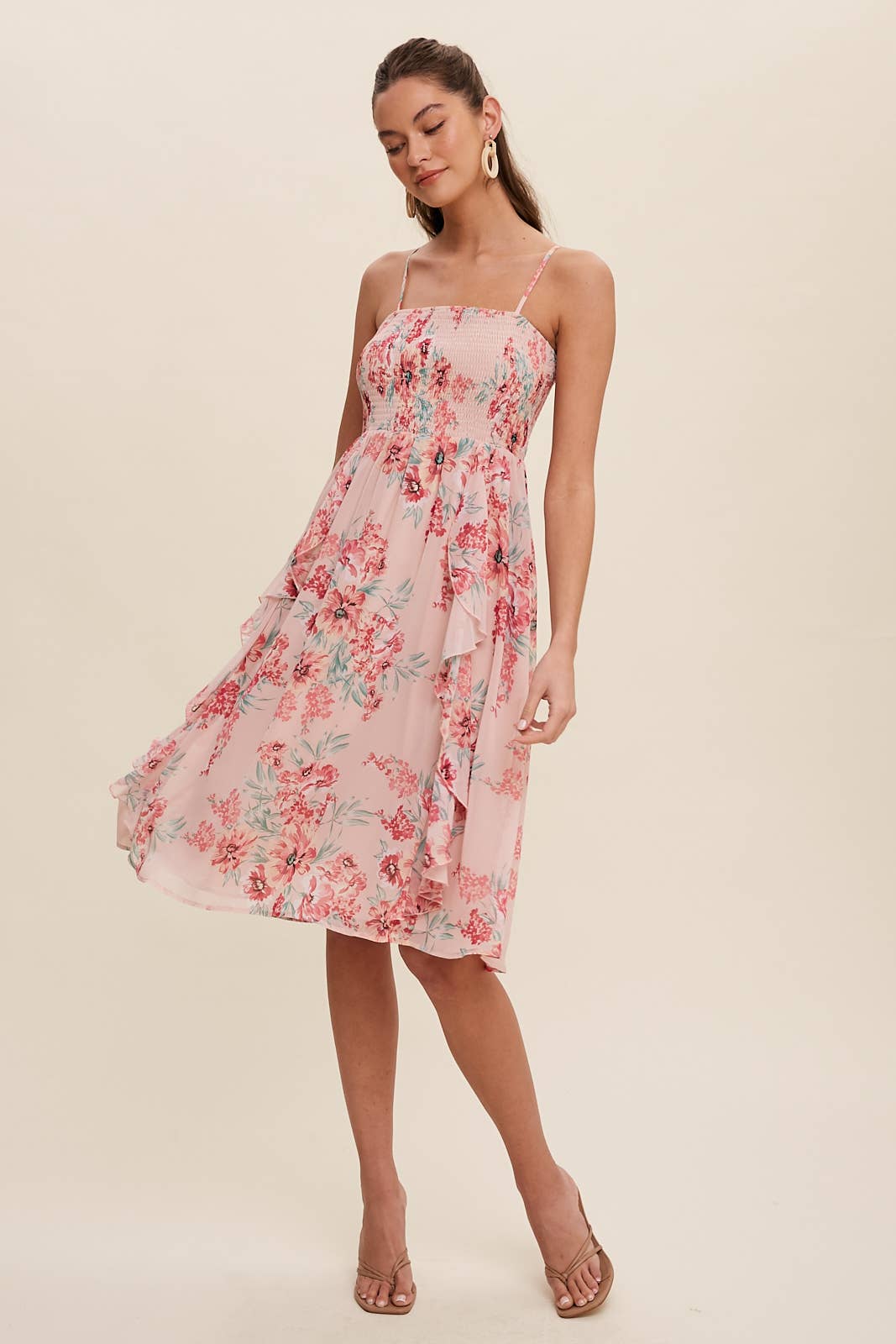 Pretty Pink Floral Chiffon Midi Dress