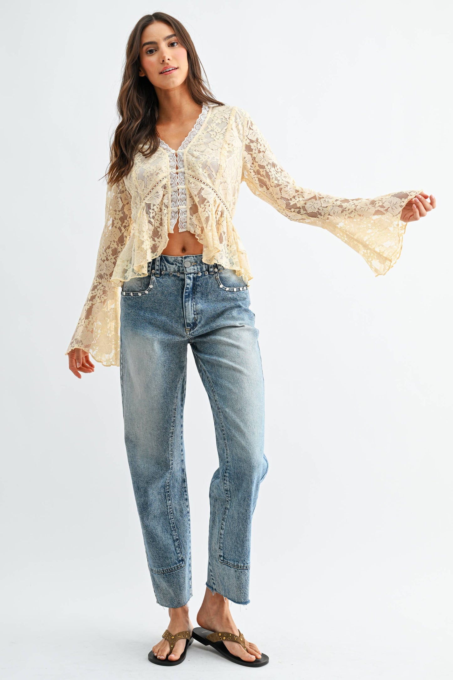 Romantic Lace Button-Down Blouse with Flared Bell Sleeves