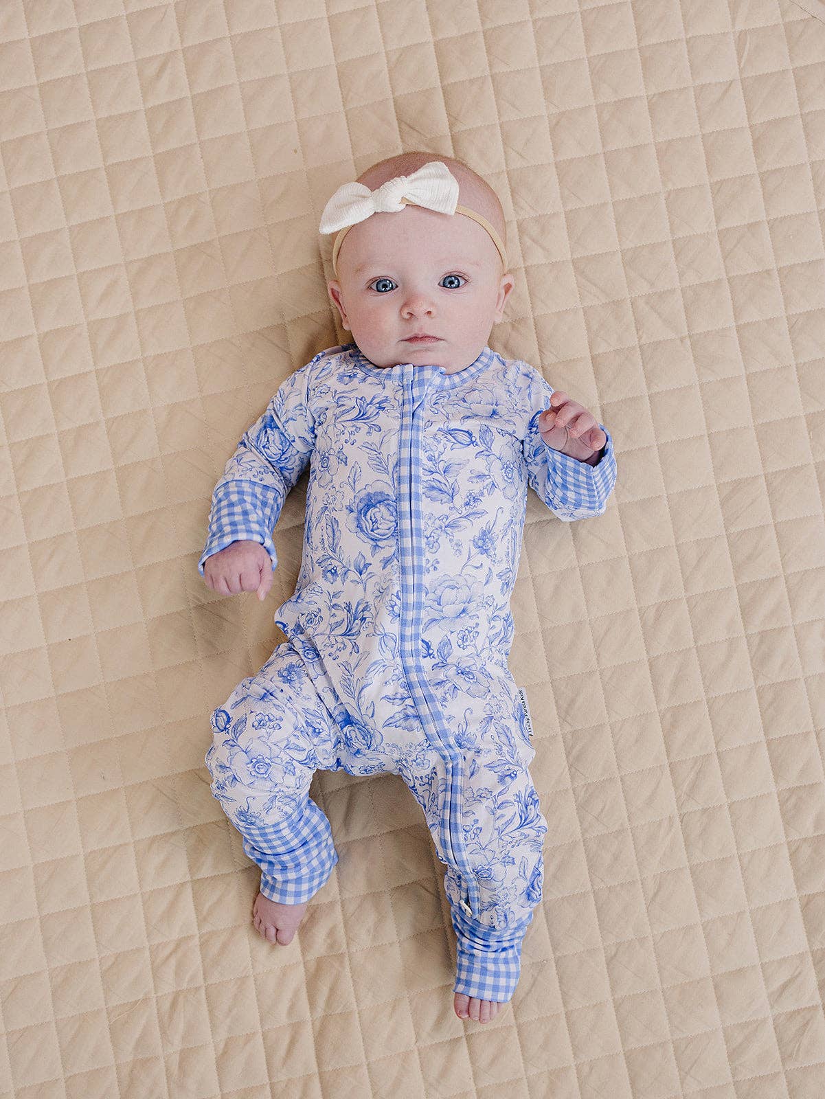 Baby Bamboo Zip Romper Footie & Mittens - Mommy and Me Blue Flowers