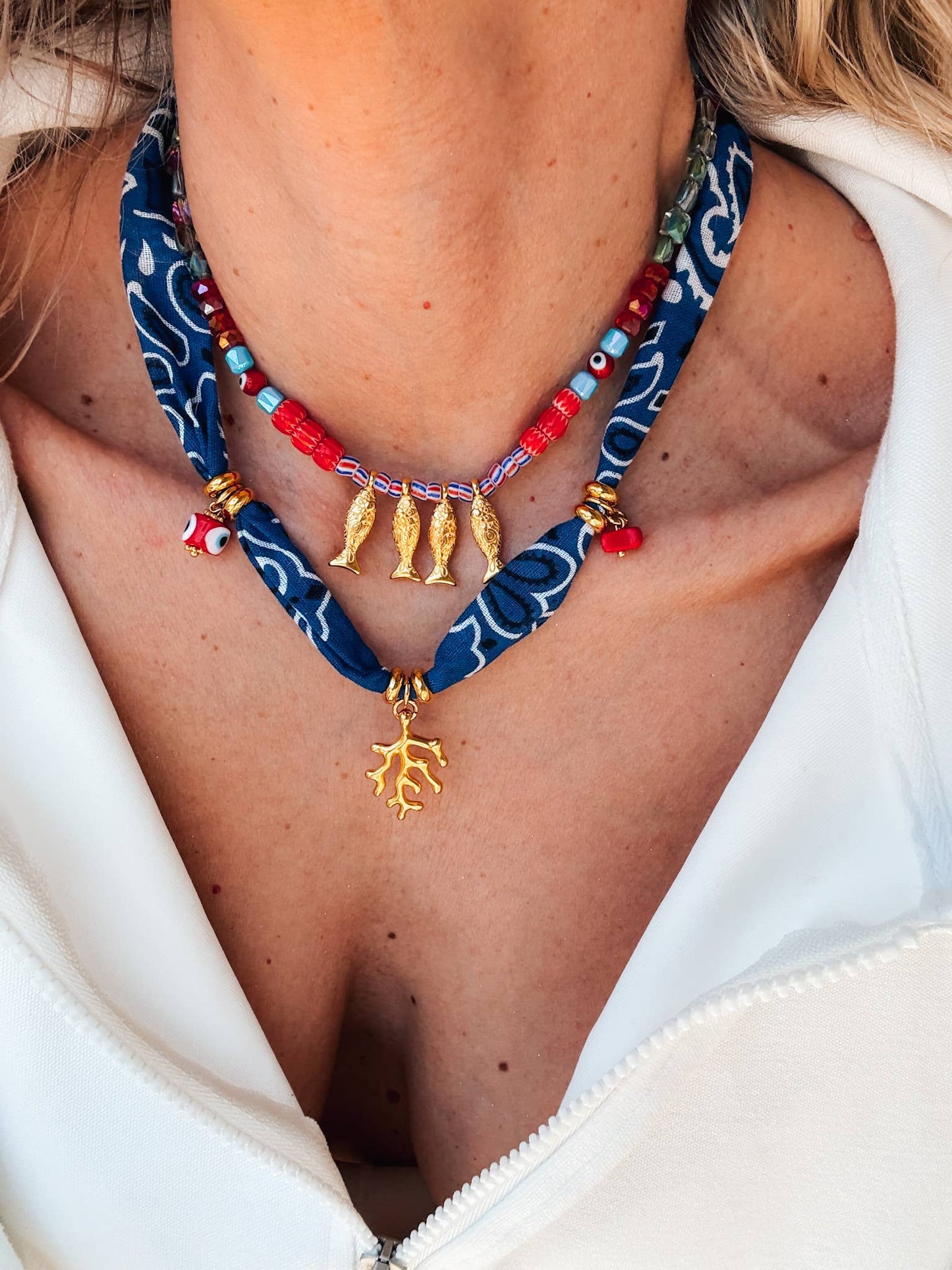 Bohemian Blue Bandana Charm Necklace with & Colorful Beaded Fish