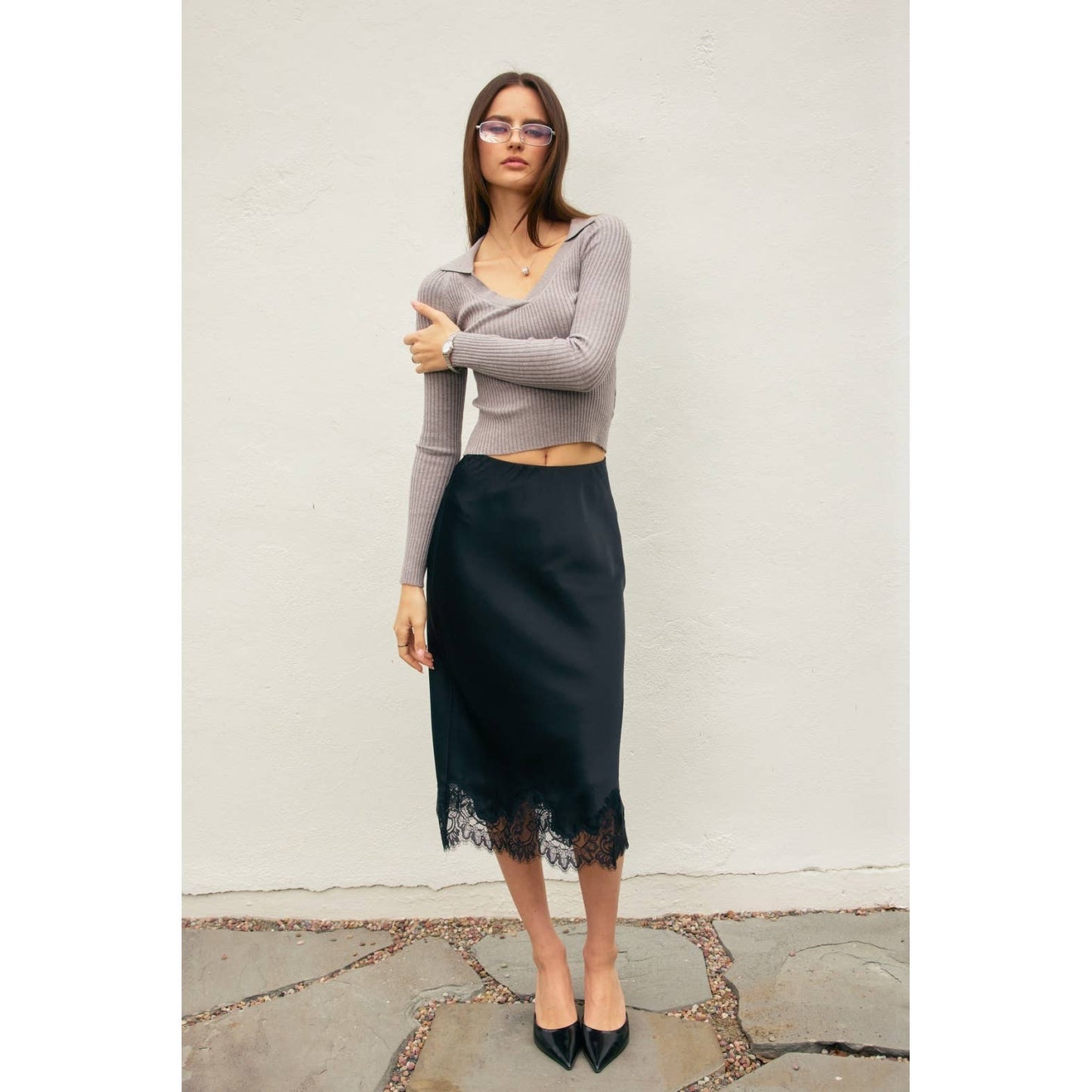 Powder Blue Lined Satin Pencil Skirt with Lace Hem