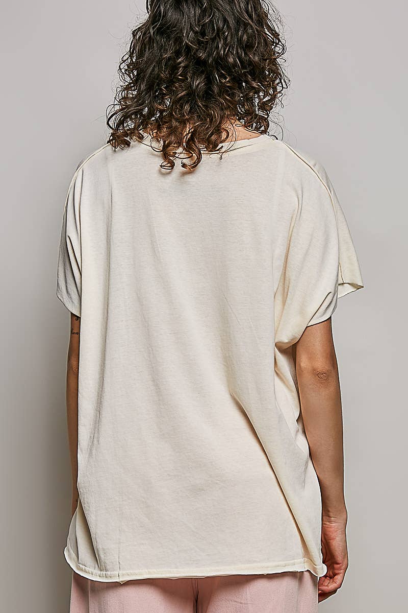 Boho Hand Dip Dye V-Neck T-shirt with Short Sleeves and Front Pocket