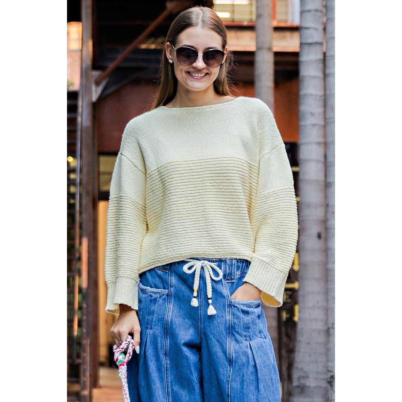 Textured Boat Neck Cotton Sweater