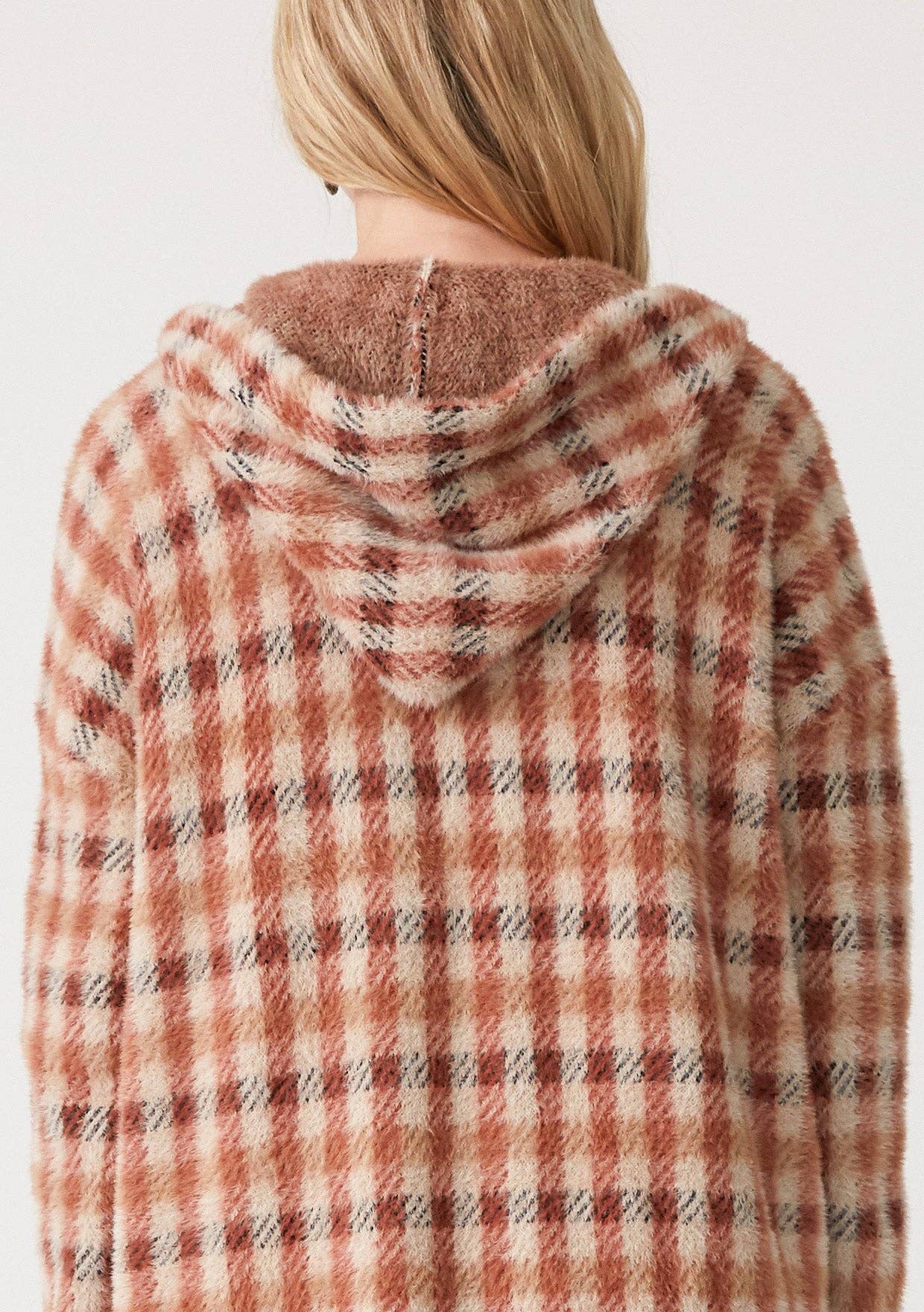 Fuzzy Plaid Long Sleeve Hooded Cardigan