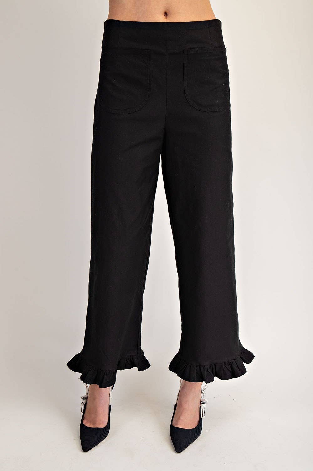 Flattering Straight Leg Ruffled Hem Black Pants