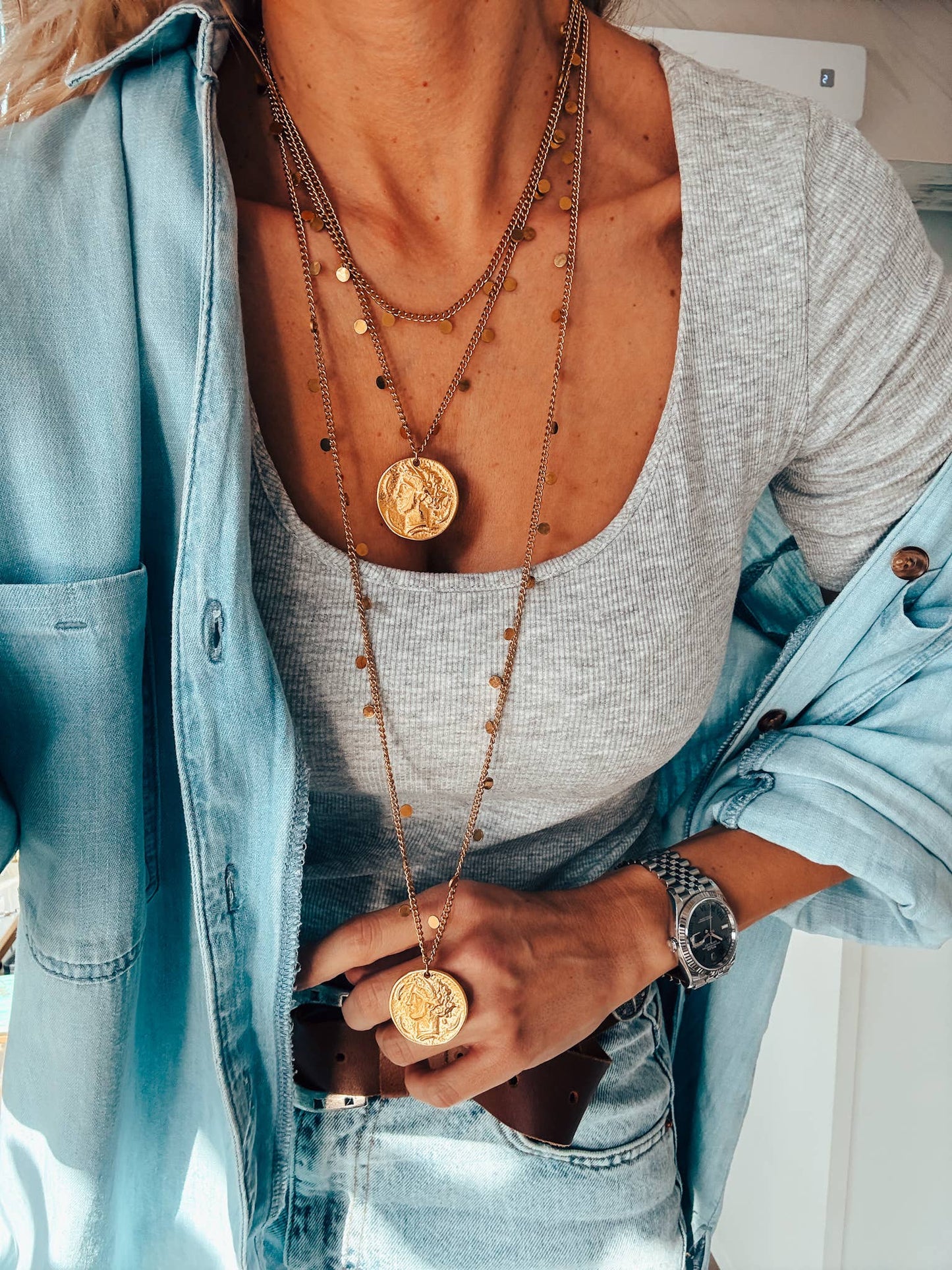 Gold Layer Chain Necklace with Large Ancient Coin