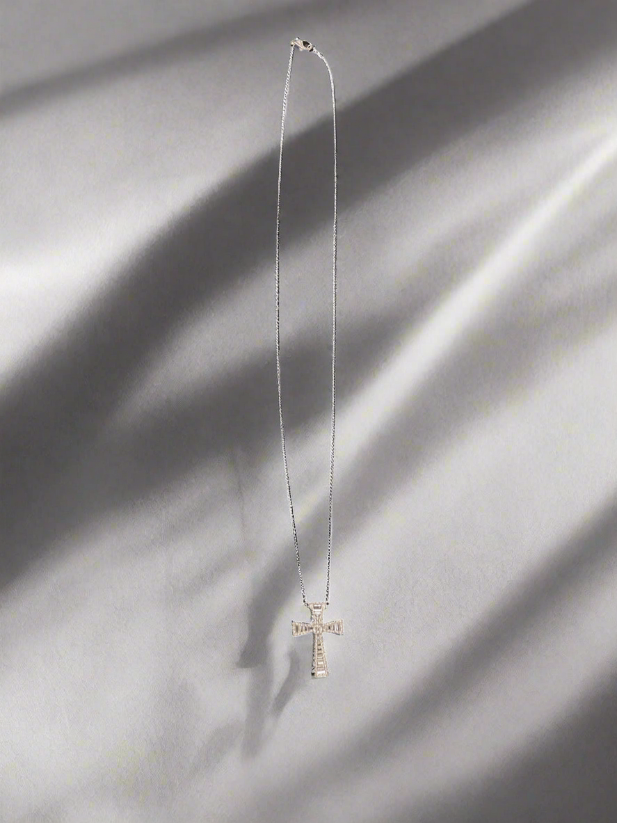 Sterling Silver Cross Necklace with Baguette Crystals