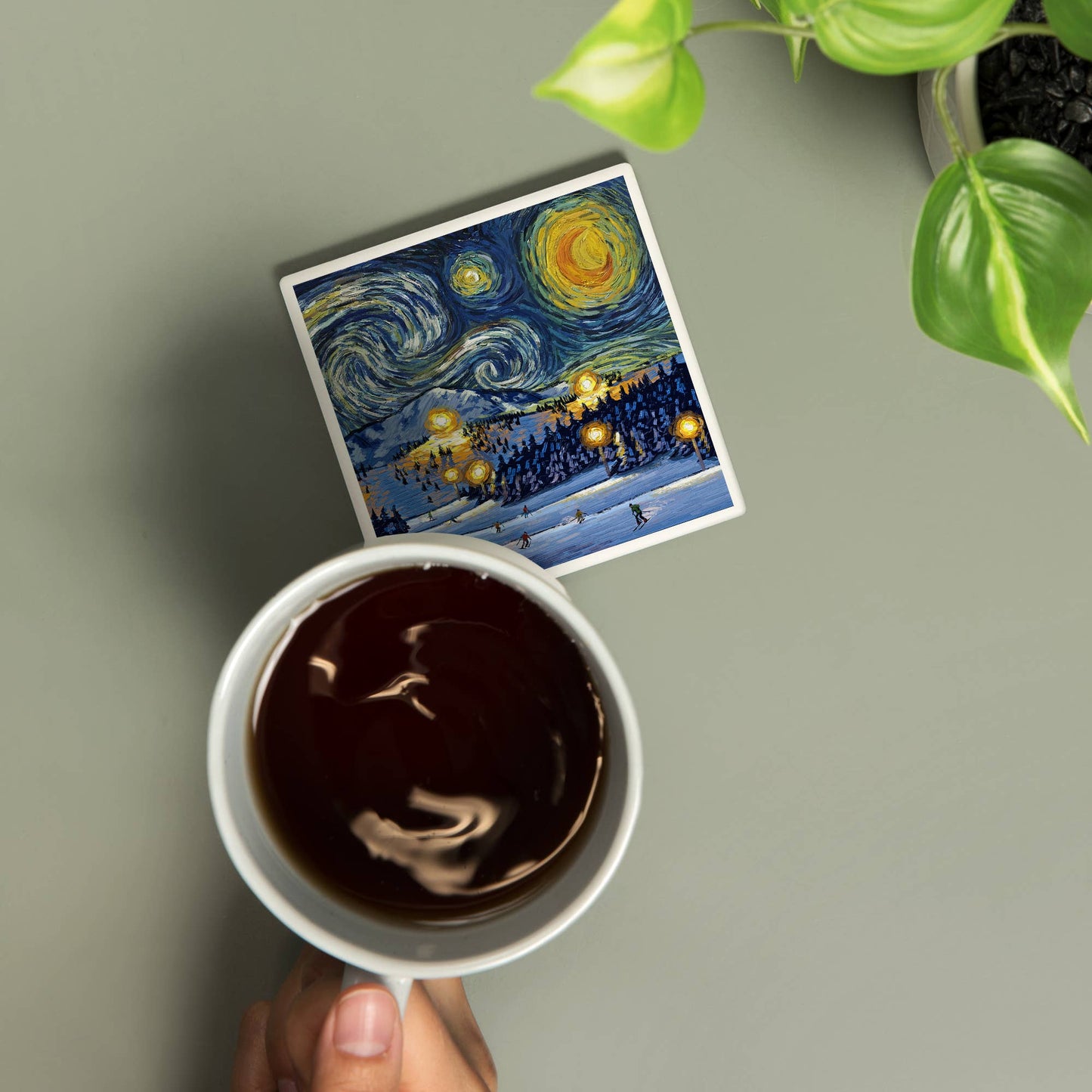 CERAMIC COASTER Ski Resort with Mountain, Starry Night