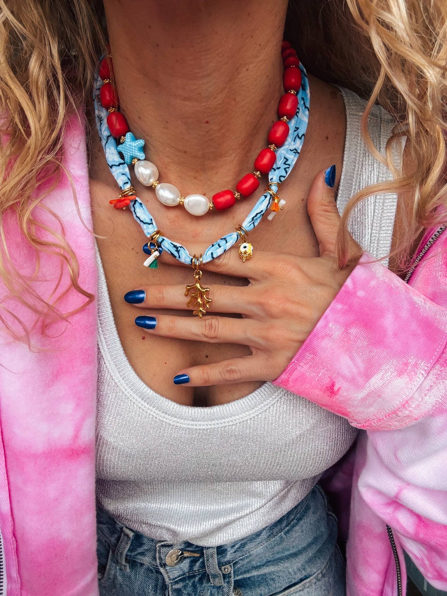 Bohemian Blue Bandana Charm Necklace with layered with a Colorful Beaded Necklace