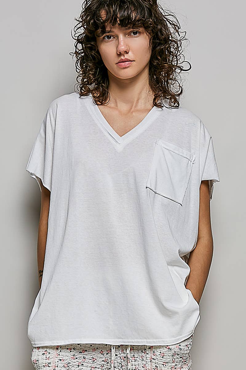 Boho Hand Dip Dye V-Neck T-shirt with Short Sleeves and Front Pocket