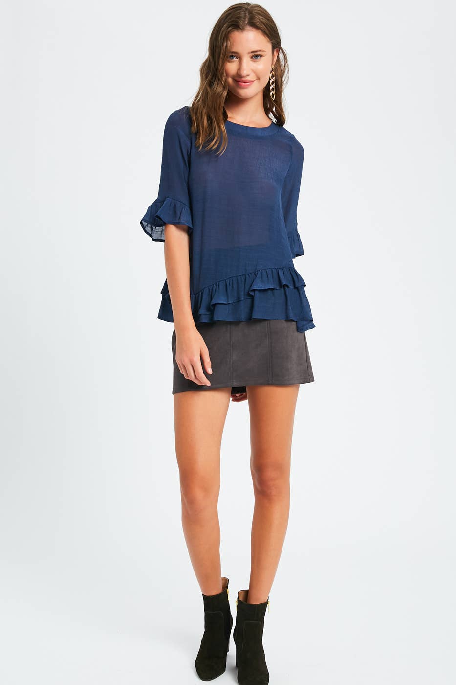 3/4 Sleeve Ruffle Hem Feminine Blouse