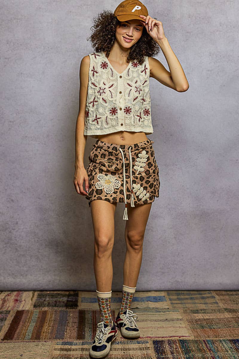 Camo Mini Skirt with Cargo Pockets and Boho Crochet Detail