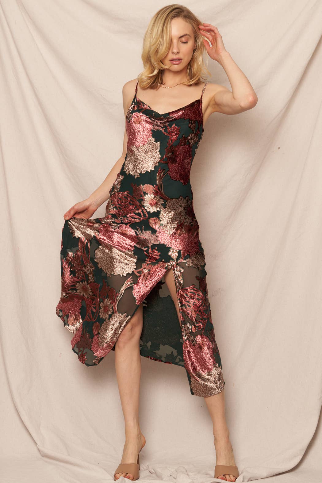 Dark Green Cowl Neck Floral Print Midi Dress