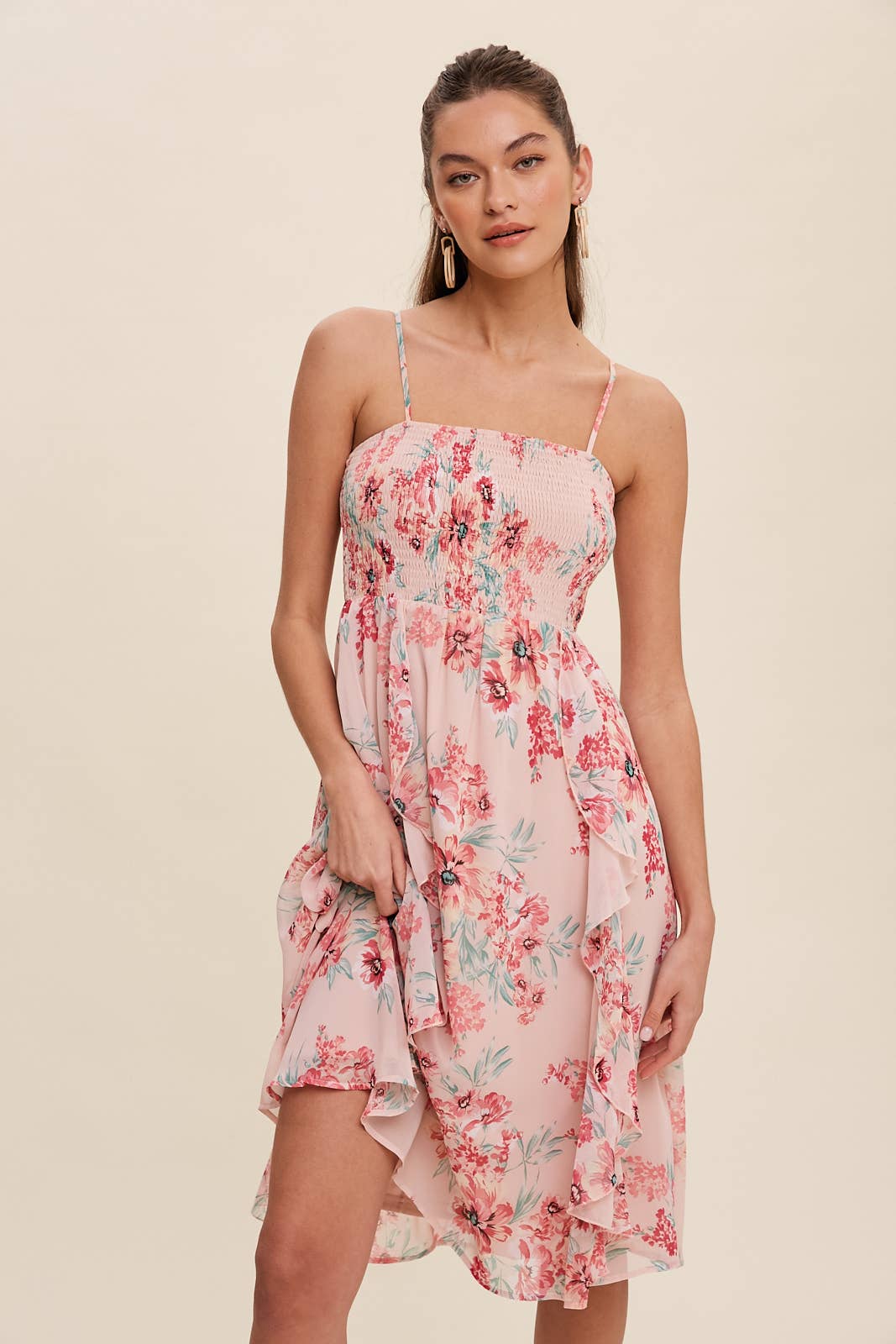 Pretty Pink Floral Chiffon Midi Dress