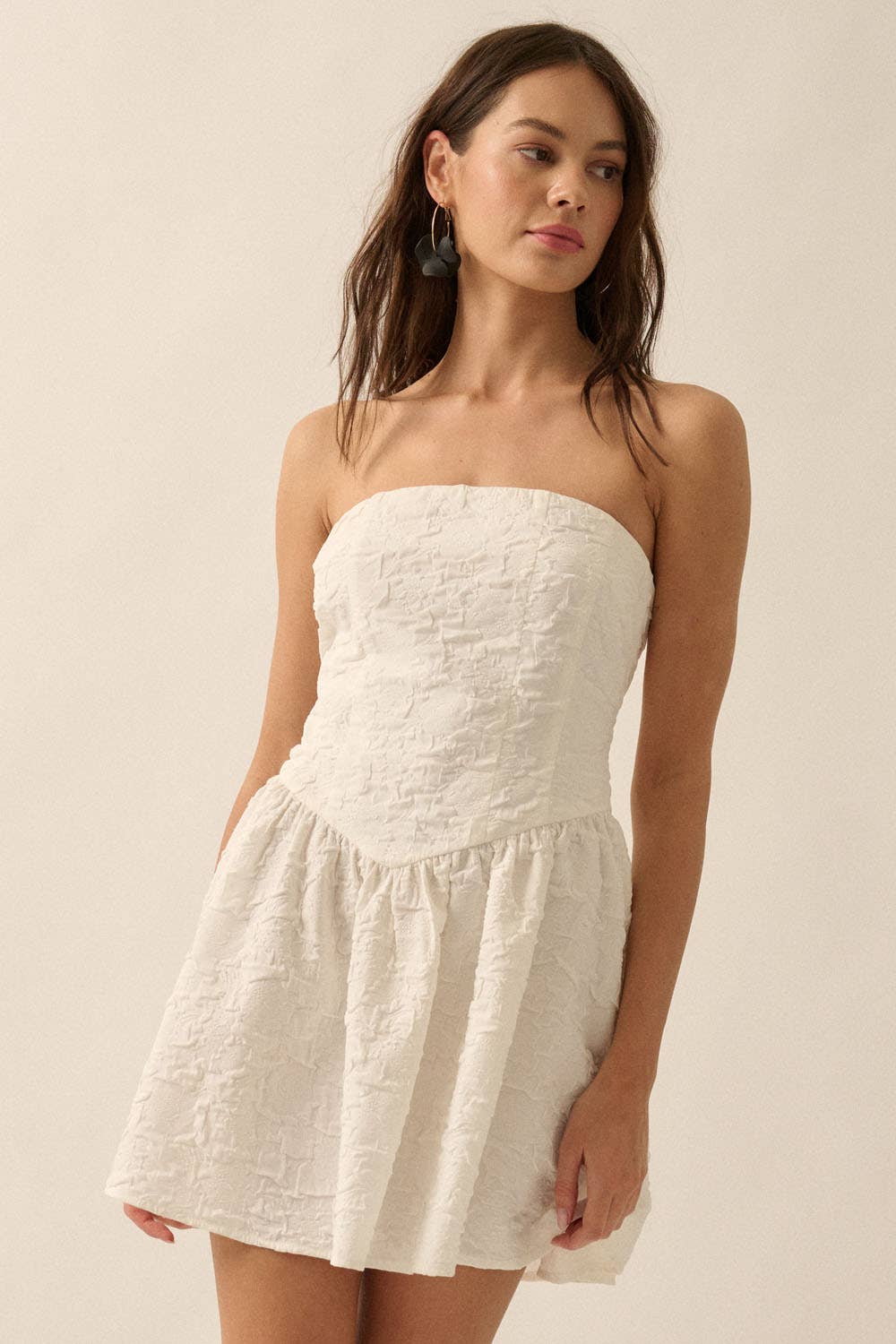 White Floral Dropwaist Mini Strapless Dress