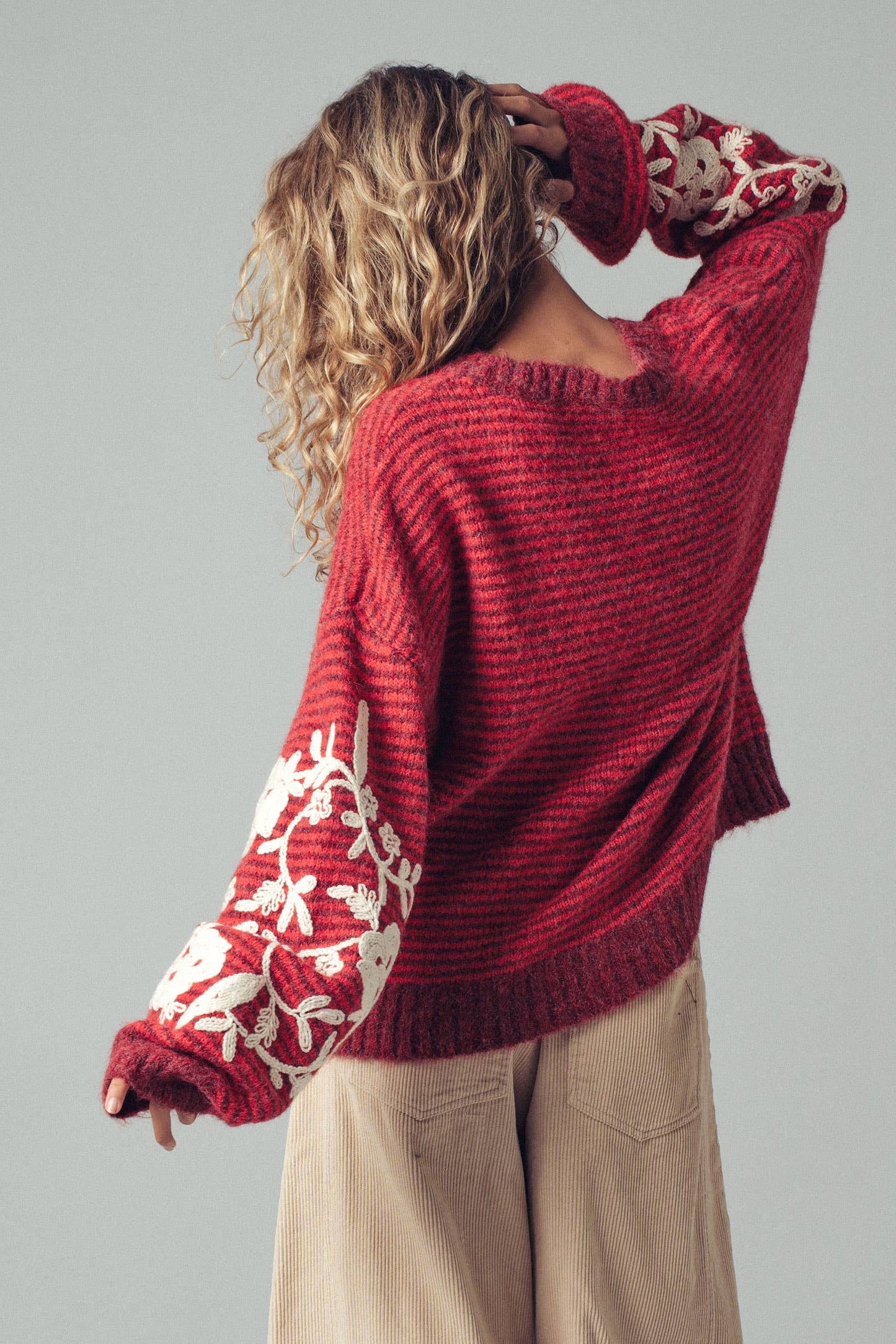 Floral Embroidered Striped Knit Sweater