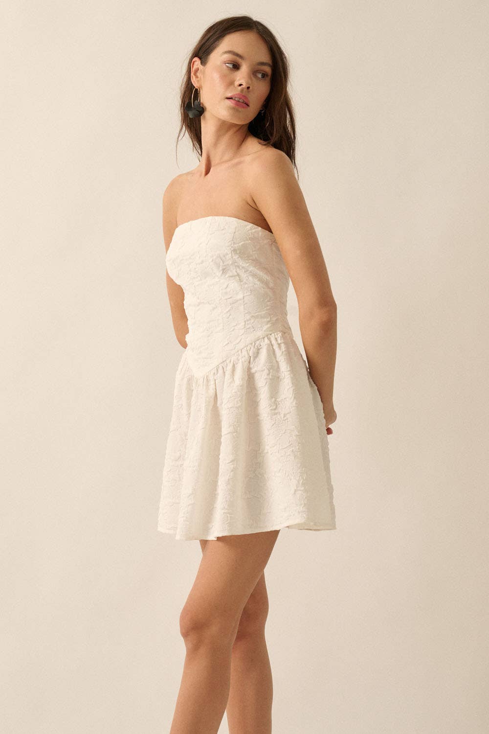 White Floral Dropwaist Mini Strapless Dress