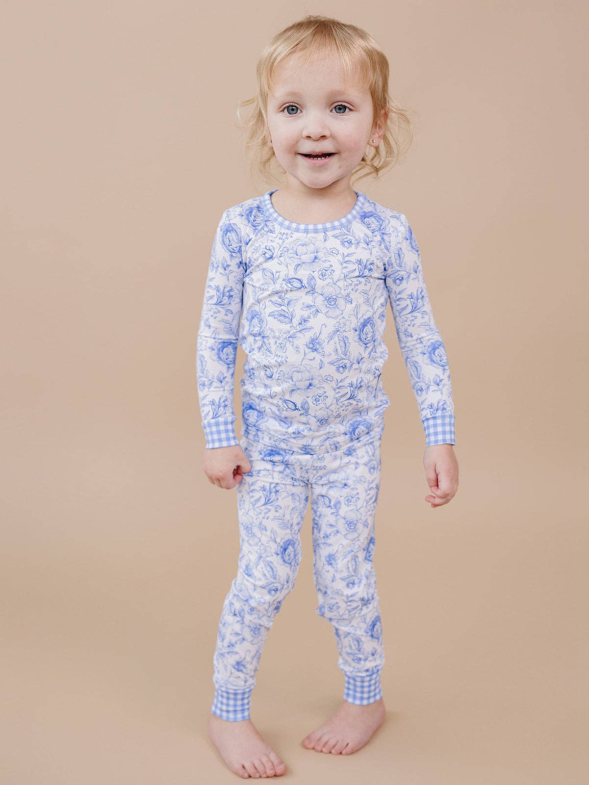 Kids Bamboo Two Piece Pajama and Loungewear Set - Gingham with Blue Flowers
