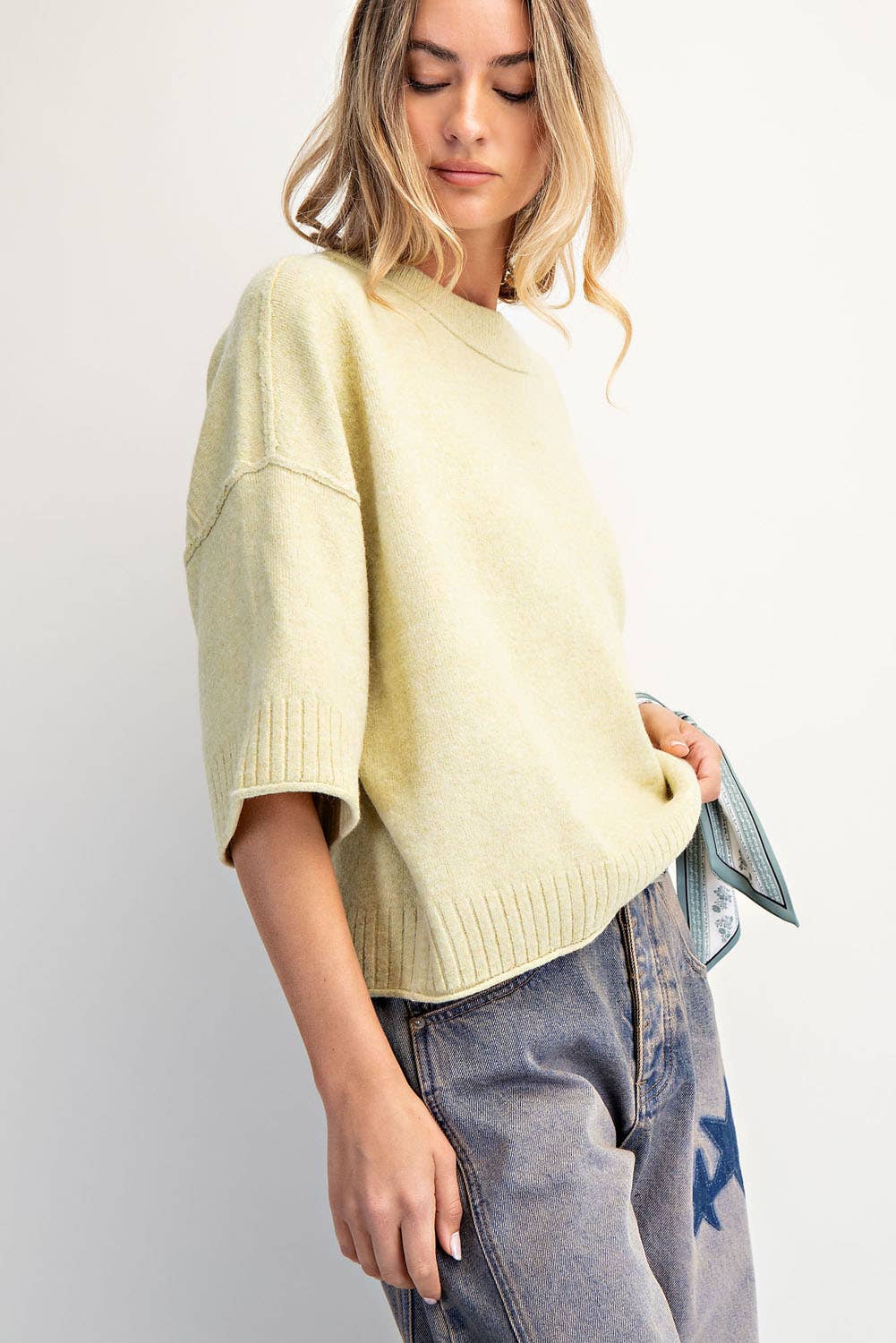 Crew Neck 3/4 Sleeve Chic Sweater in Powder Blue & Banana Pepper