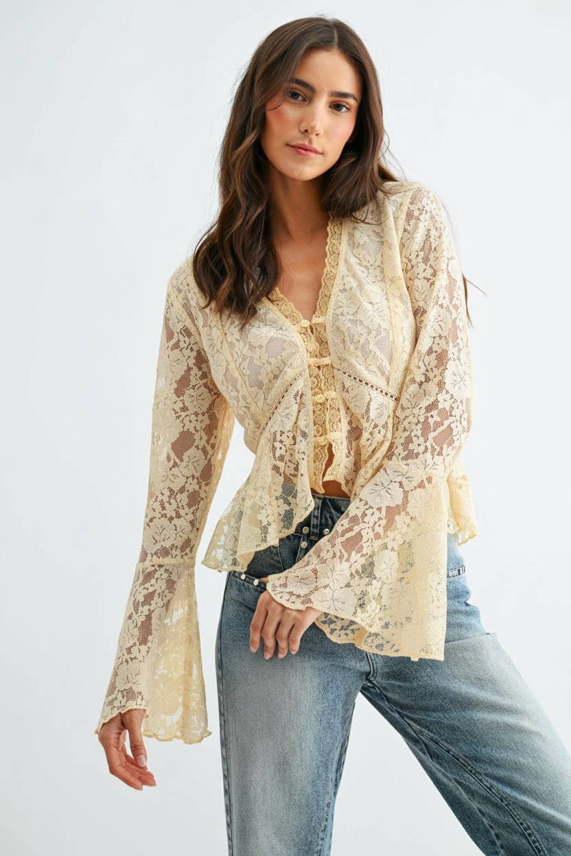 Romantic Lace Button-Down Blouse with Flared Bell Sleeves