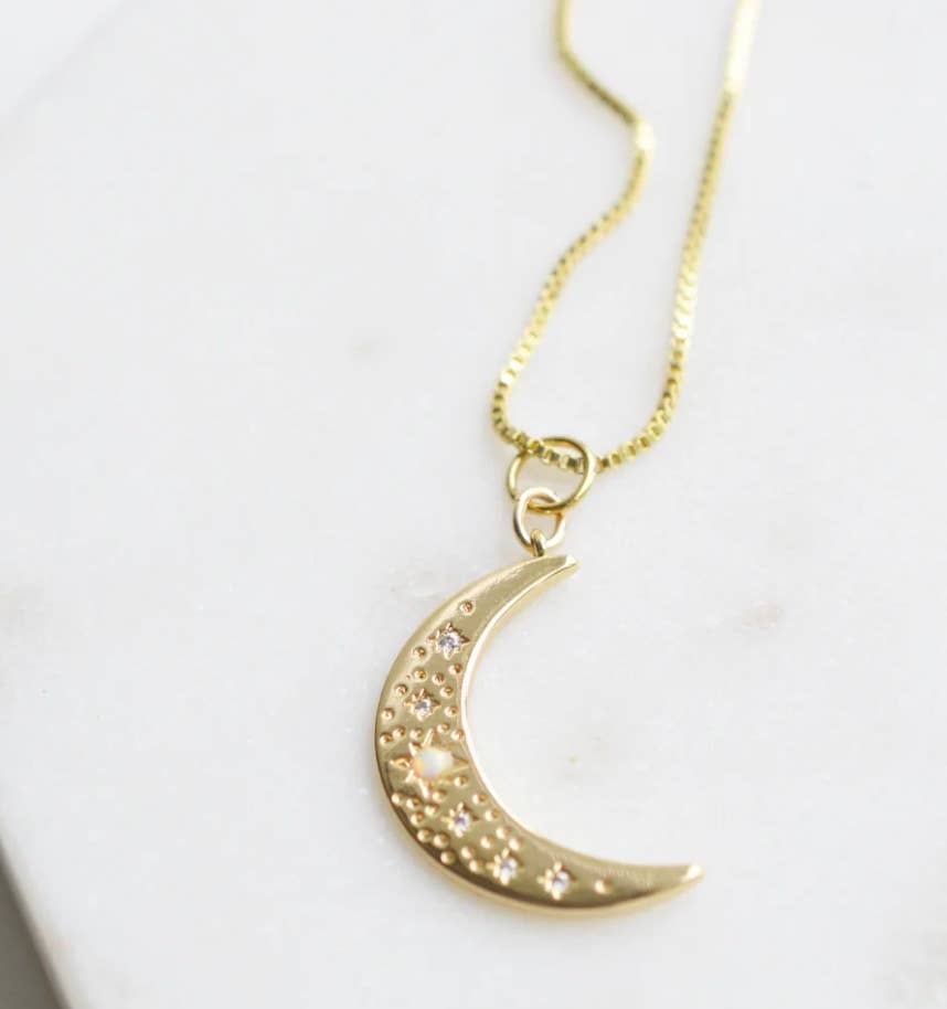 14K Crescent Moon Pendant Necklace With Opals and Crystal