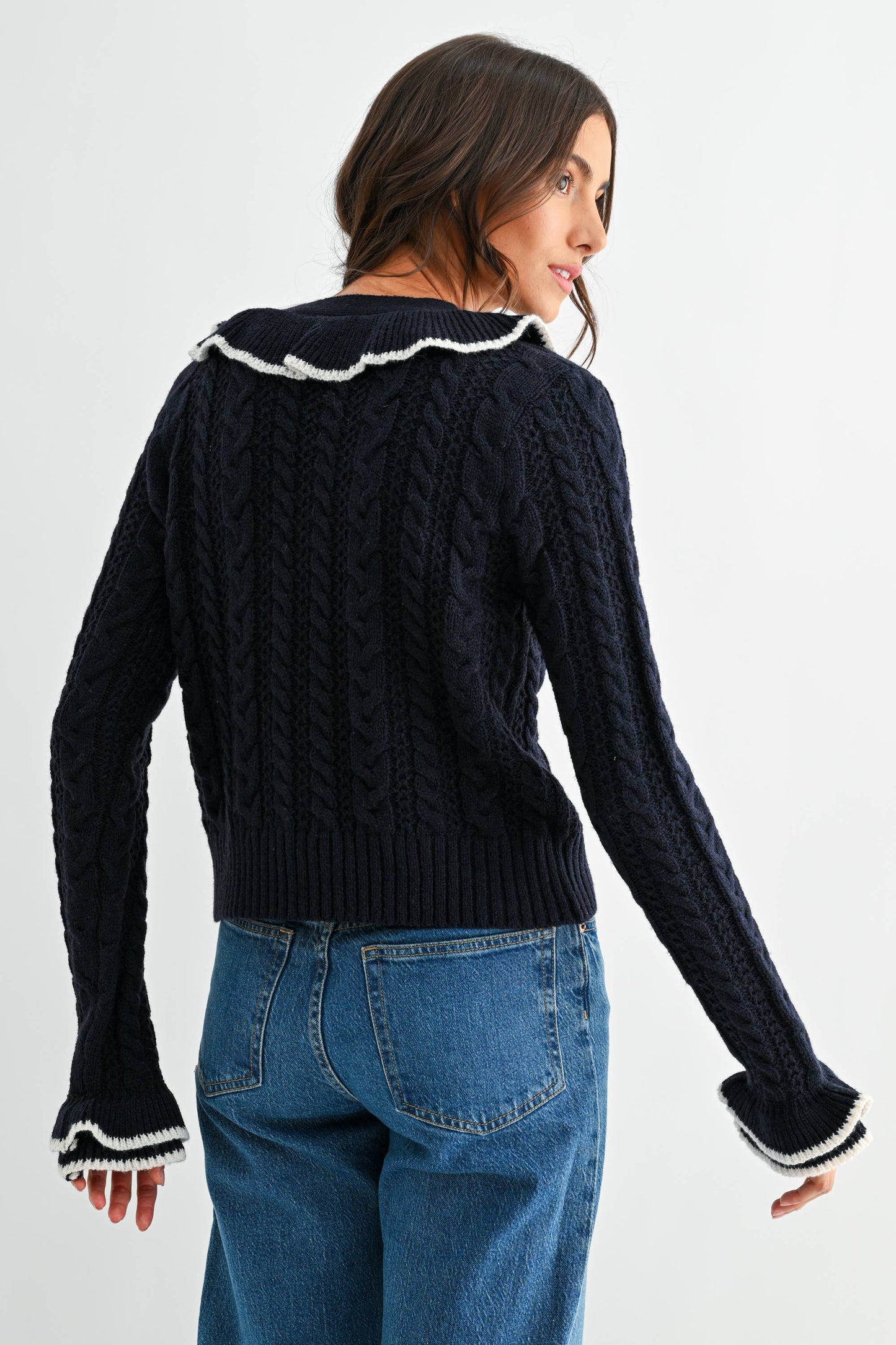 Cool Blue Ruffled Cable Knit Cardigan