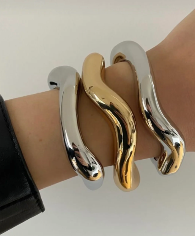 Editorial Wave Cuff Bangle Bracelet made with Recycled Metals & 14K Gold PVD