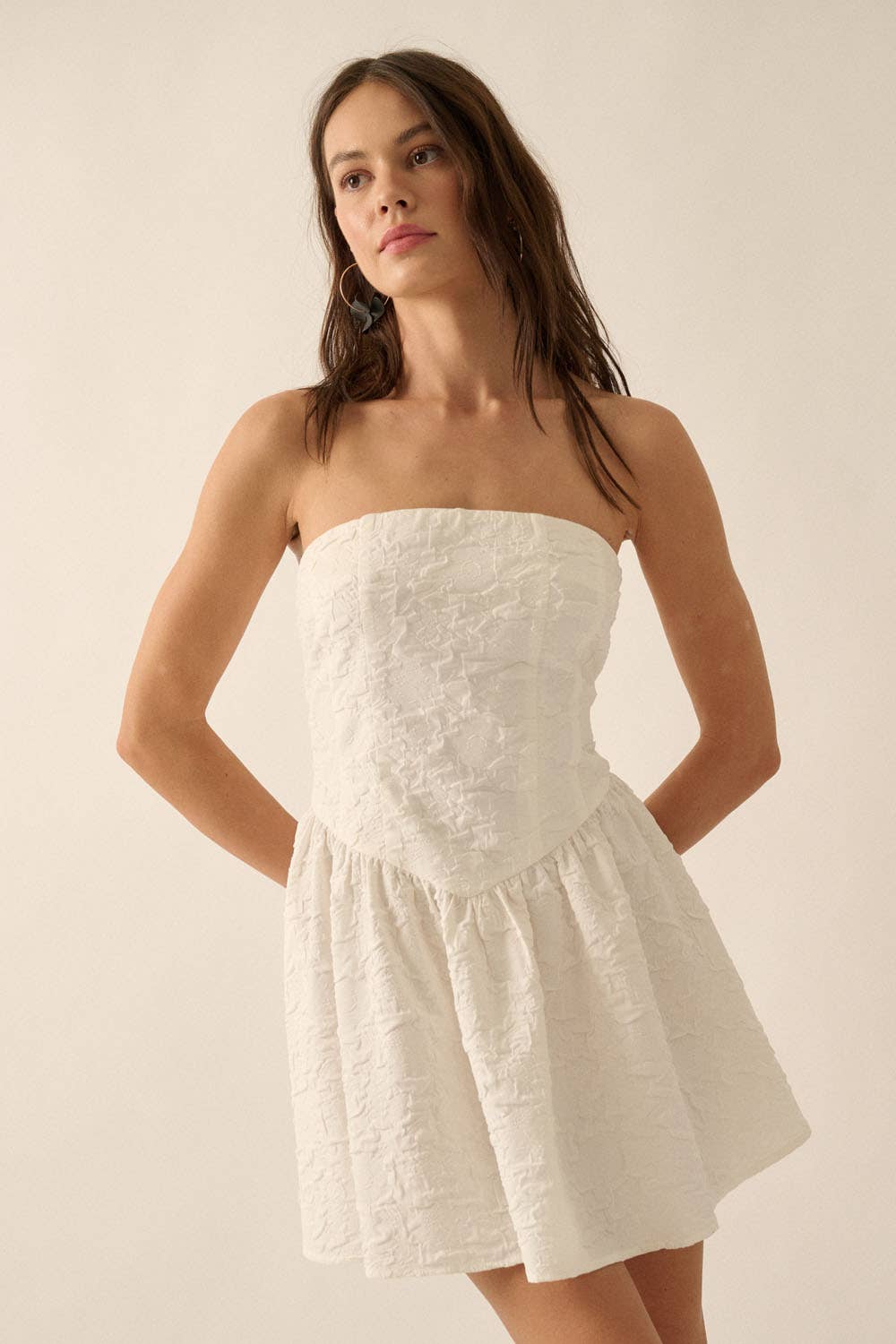 White Floral Dropwaist Mini Strapless Dress