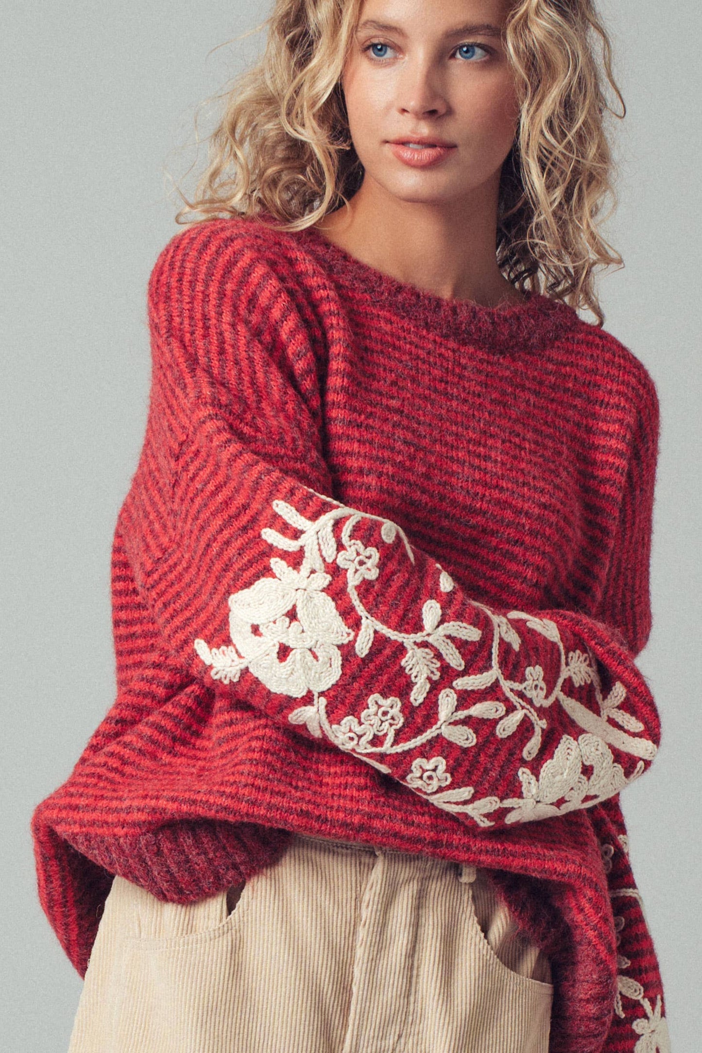 Floral Embroidered Striped Knit Sweater