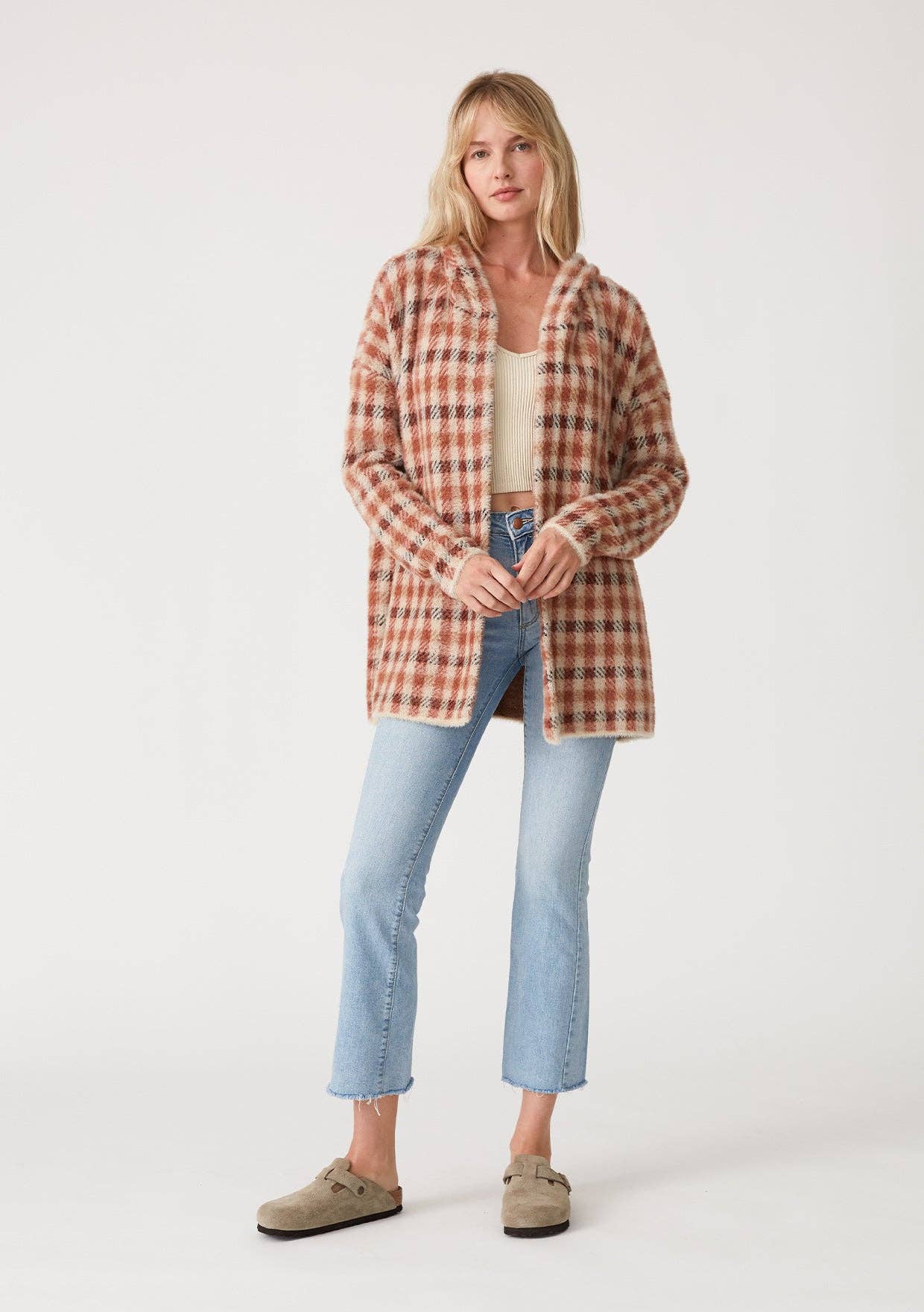 Fuzzy Plaid Long Sleeve Hooded Cardigan