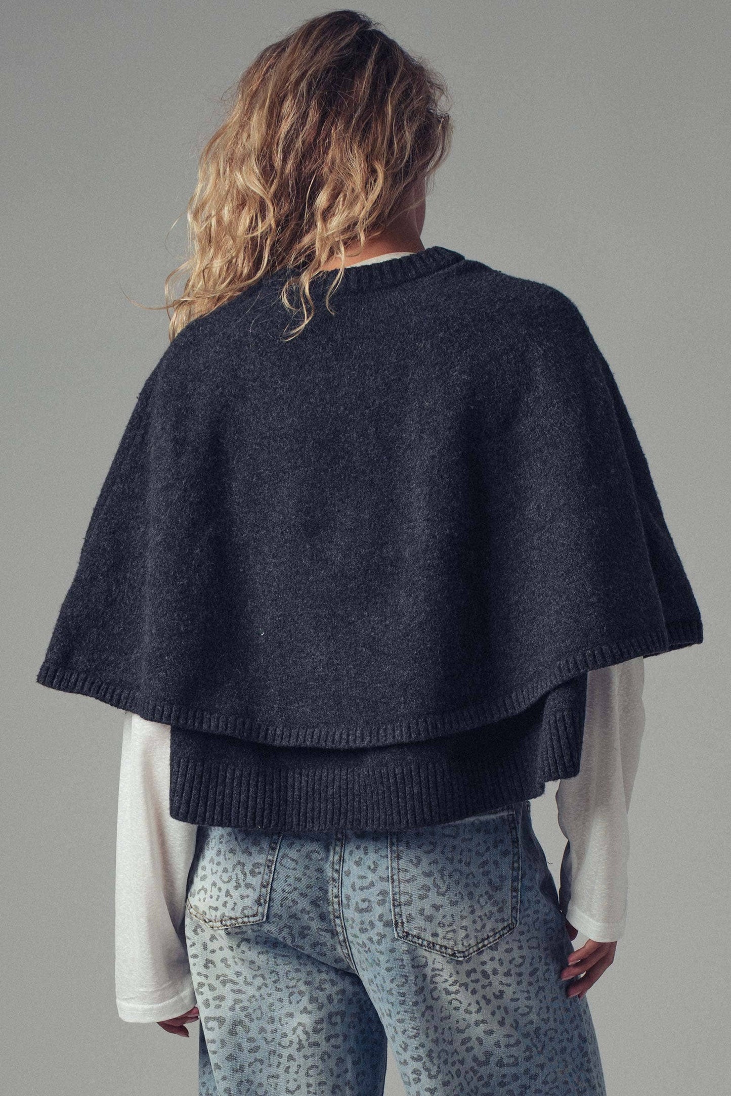 Wool Blend Button-Front Sweater Cape