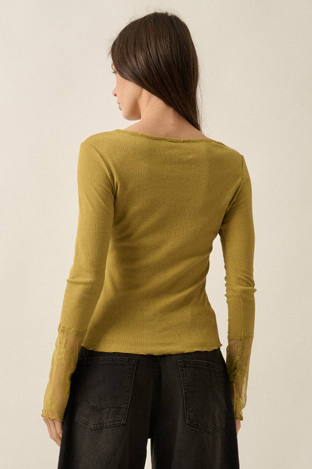 Solid Ribbed Knit Long-Sleeve Lace-Cuff Fitted Top