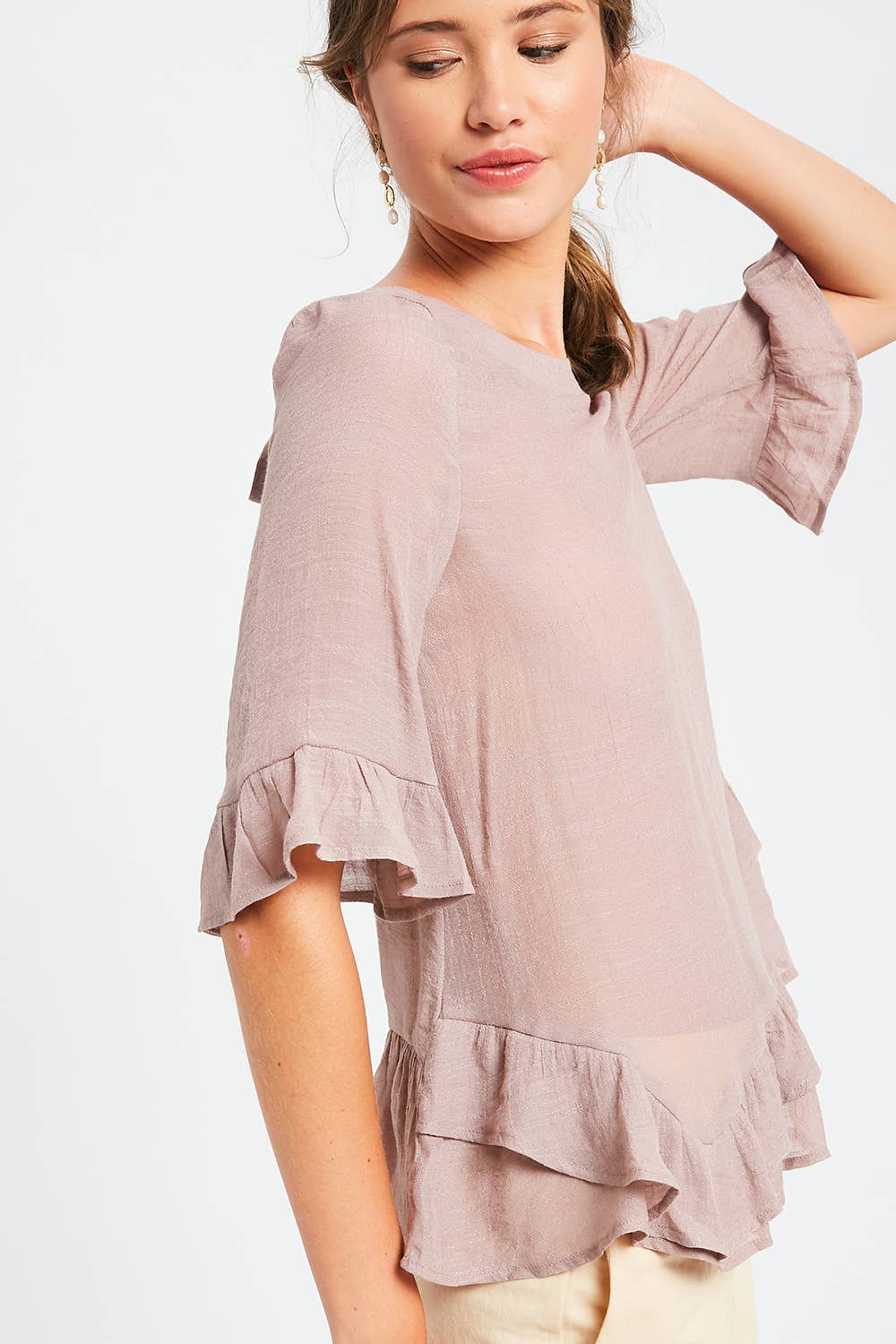 3/4 Sleeve Ruffle Hem Feminine Blouse