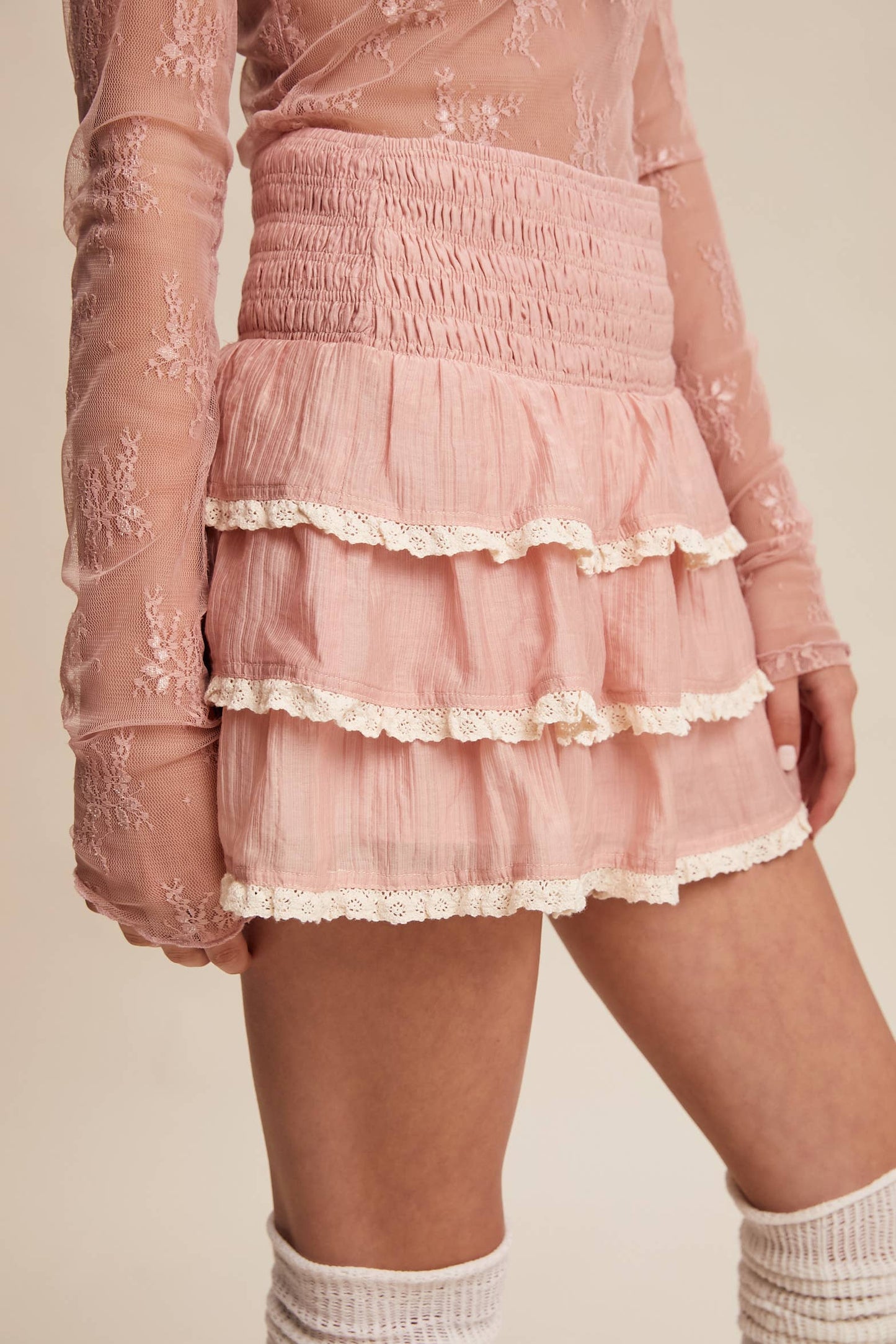 Boho Tiered Ruffle Lace Trim Skort