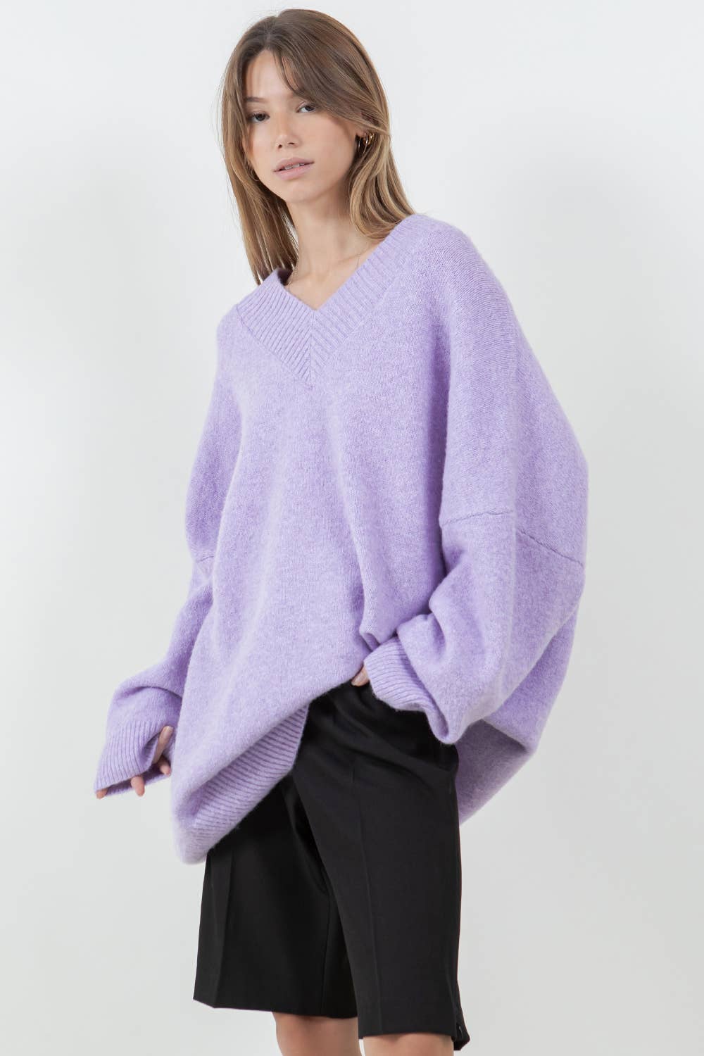 Oversized V-Neck Fuzzy Knitted Sweater