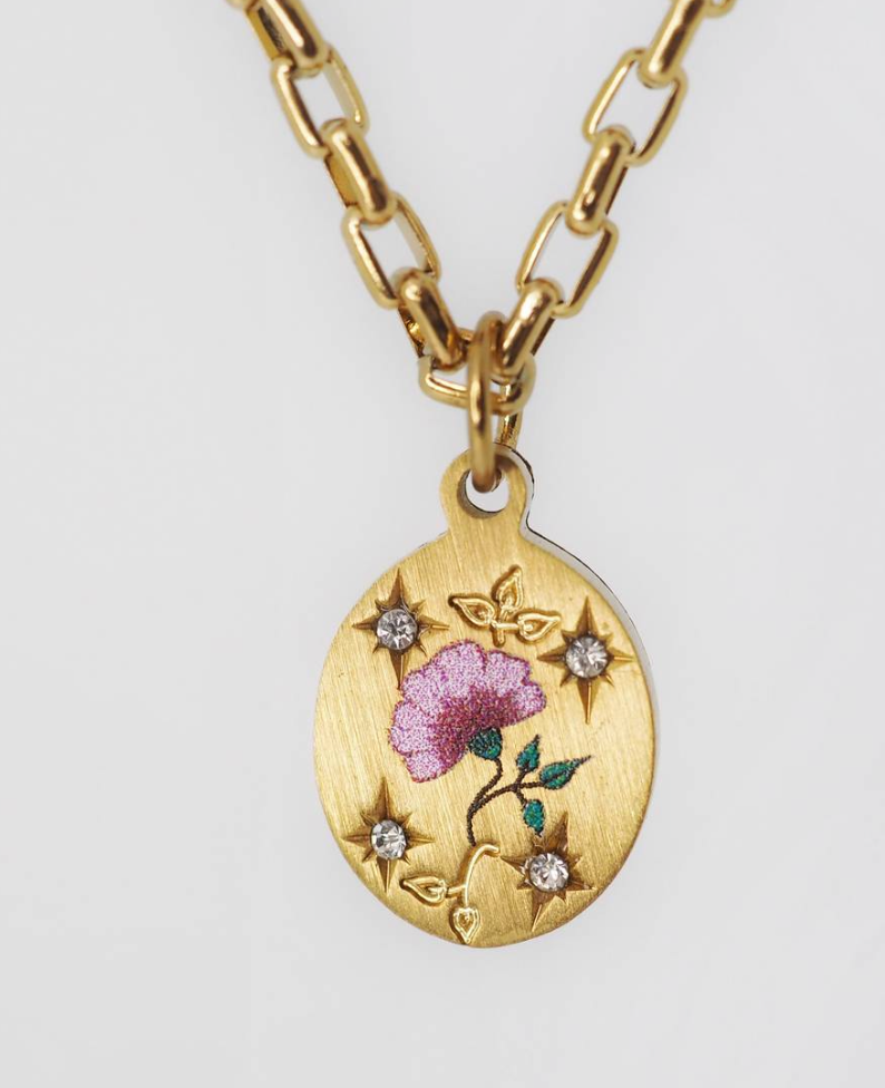 Poppy Painted Enamel Talisman Necklace - Engraved - Steel 14K
