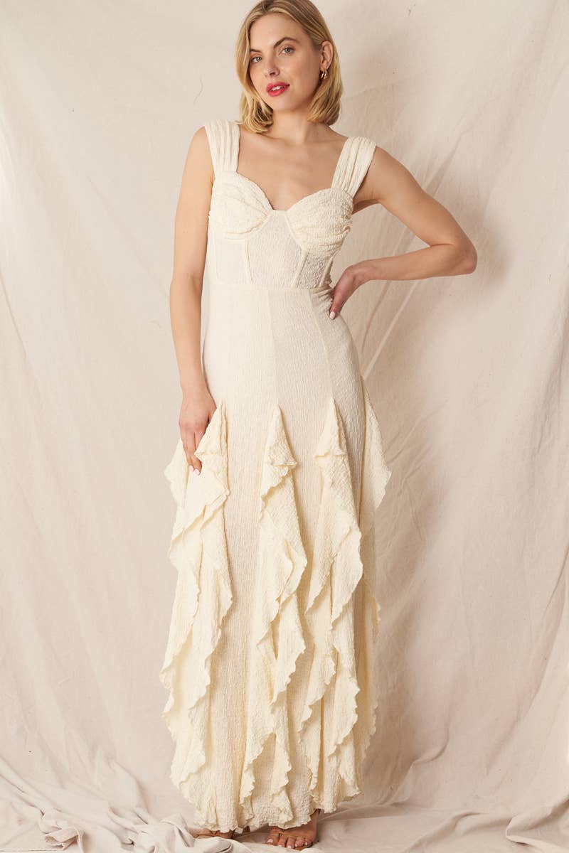 Ivory Bohemian Maxi Dress with Ruffles and Sweetheart Corset